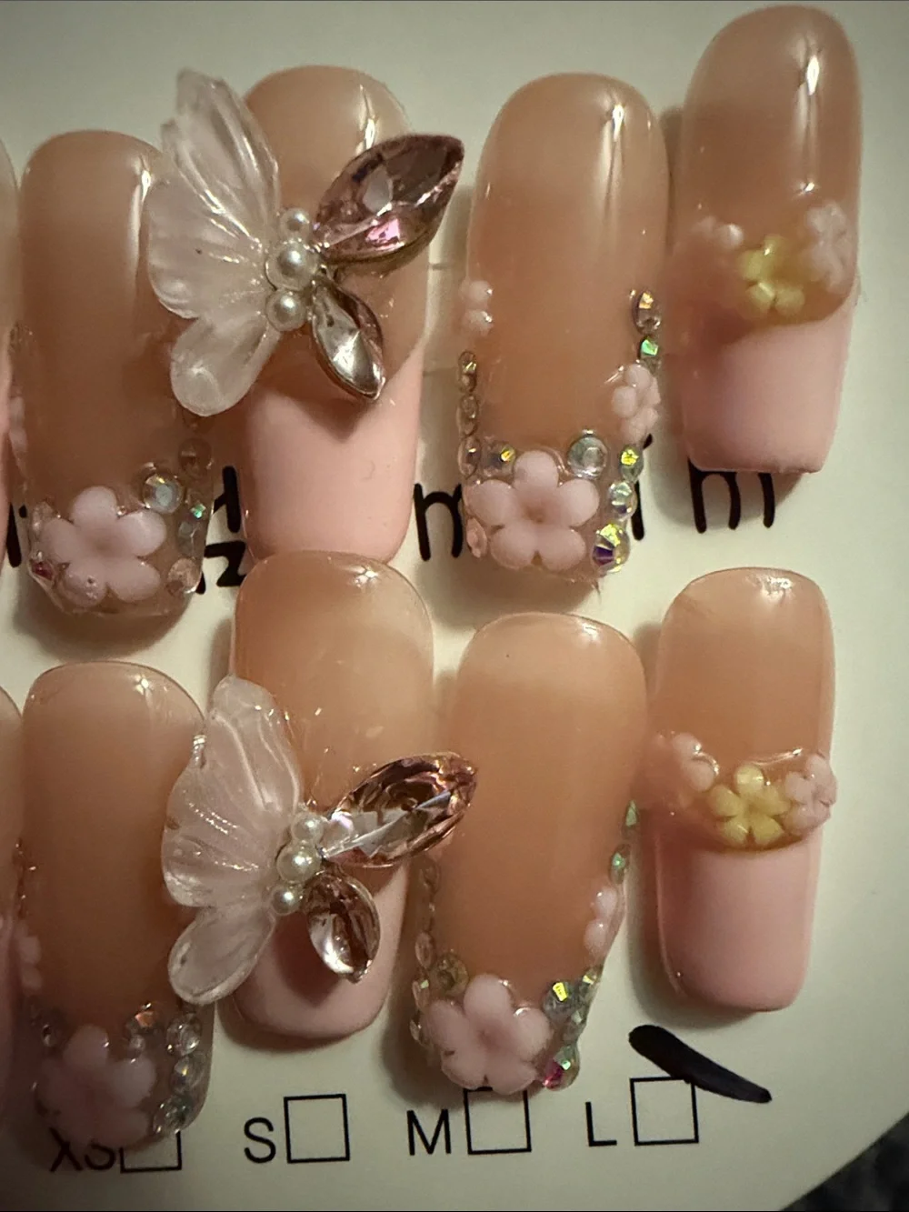 Pink 3D Floral Rhinestone handmade acrylic Press-On Nail Set
